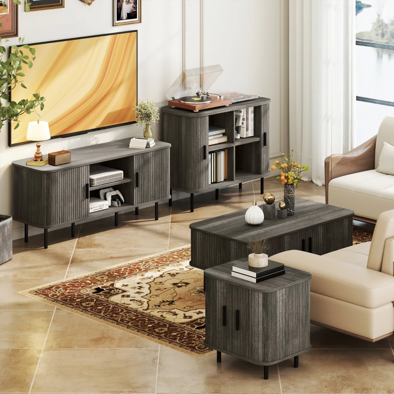 HOMCOM Coffee Table with Storage, Living Room Table with Slatted Tambour Sliding Doors and Adjustable Foot Pads, Rectangular Coffee Table with Elevated Base for Living Room, Grey Wood-Effect