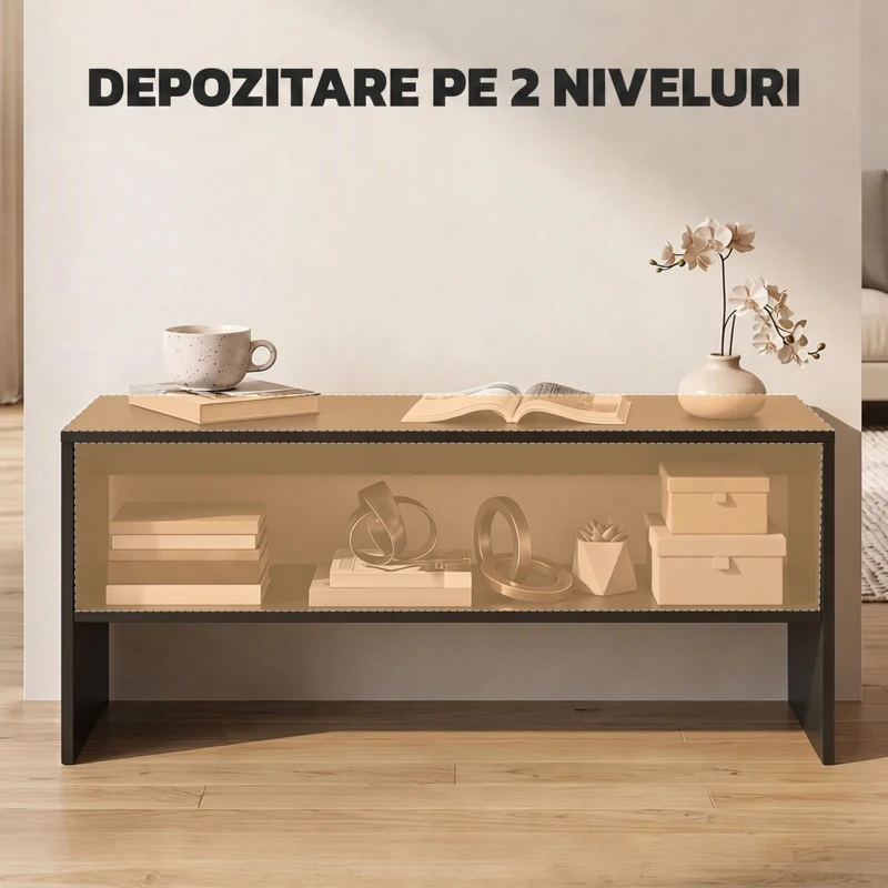 HOMCOM Măsuță de Cafea Modernă cu 2 Niveluri, Raft Deschis, PAL, Picioare, 100x40x41,5 cm, Negru