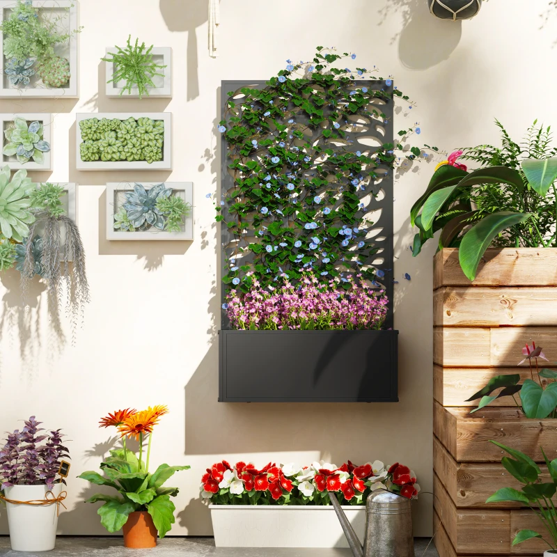 Outsunny Outdoor Metal Planter, with Back Trellis - Black