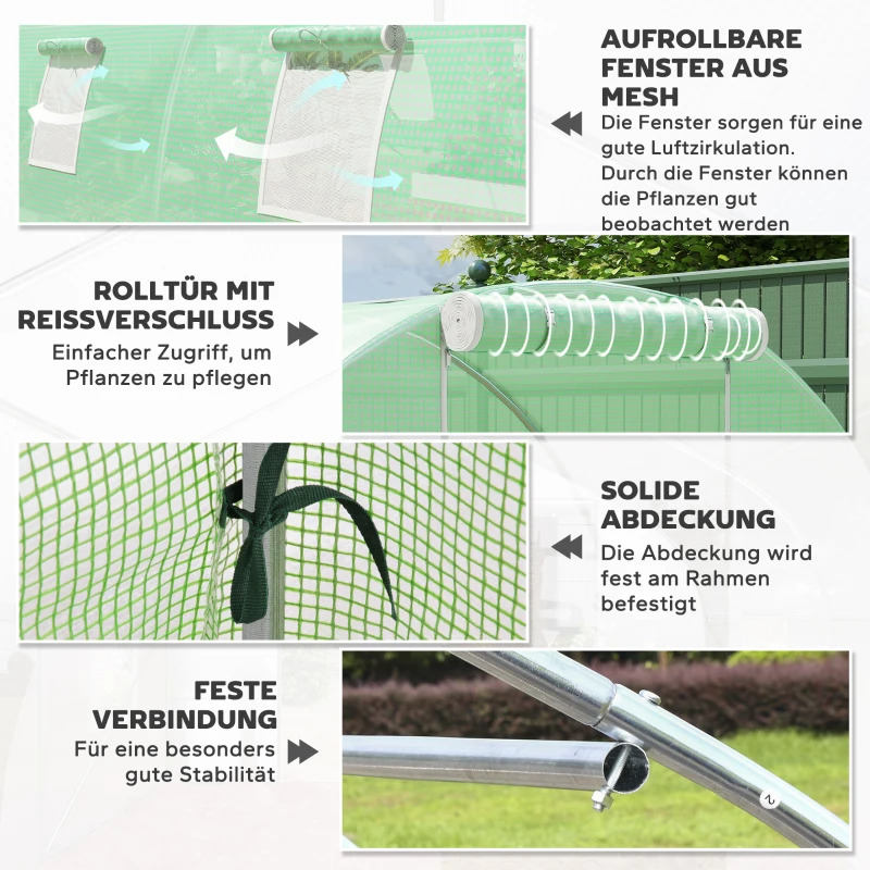 Outsunny Kas met folie, loopbaar, 8 ramen met vliegengaas, stevige folie, stalen frame, 6 x 3 x 2 m, groen