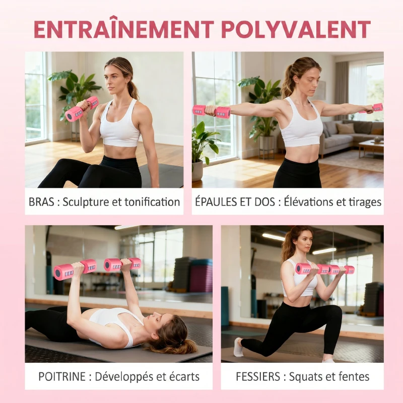 SPORTNOW Ensemble d'Haltères Réglables 5 kg 4 en 1, Paires d'Haltères 1kg/1,5kg/2kg/2,5kg avec Poignée Antidérapante, Rose Cerise