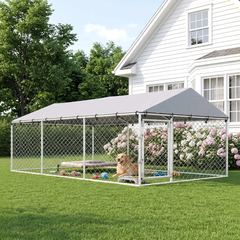 PawHut Recinto para Perros de Exterior con Malla Galvanizada y Cerradura de Acero y Tejido Oxford 4x2,3x1,5 m Plateado