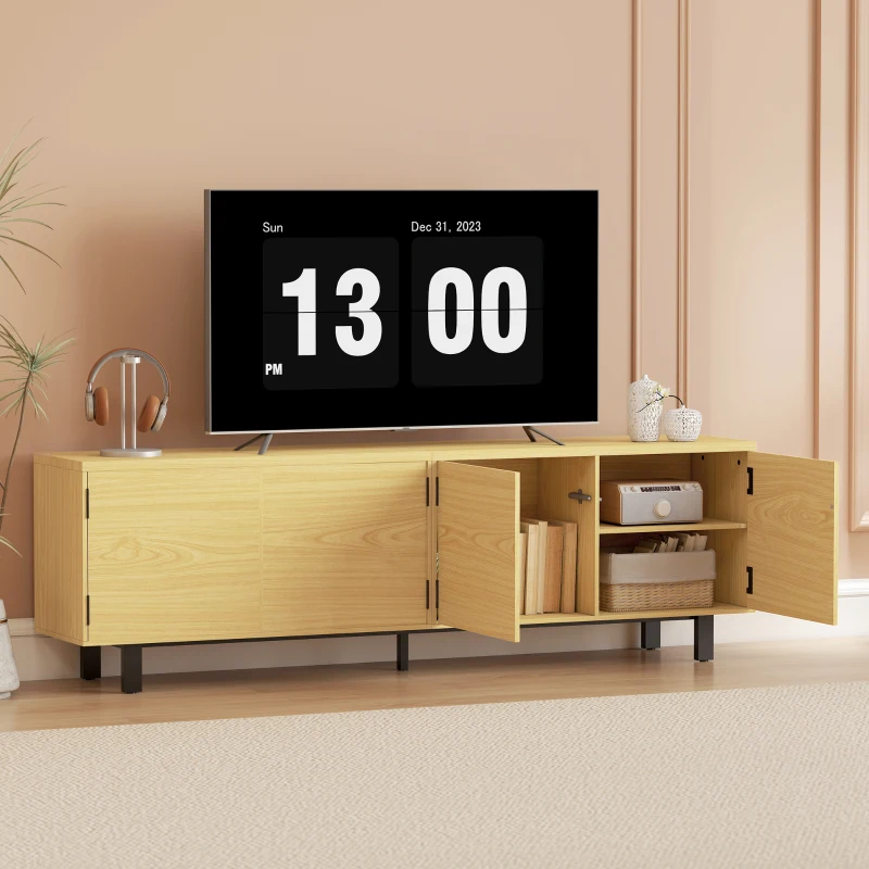 HOMCOM Meuble TV 180 cm, meuble télé pour 82 pouces avec 4 portes à ouverture par pression 180x35x55,5cm bois naturel