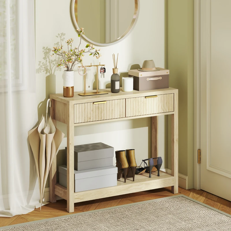 HOMCOM Console meuble 90 cm, table console étroite avec 2 tiroirs rainurés et étagère, style moderne, bois naturel