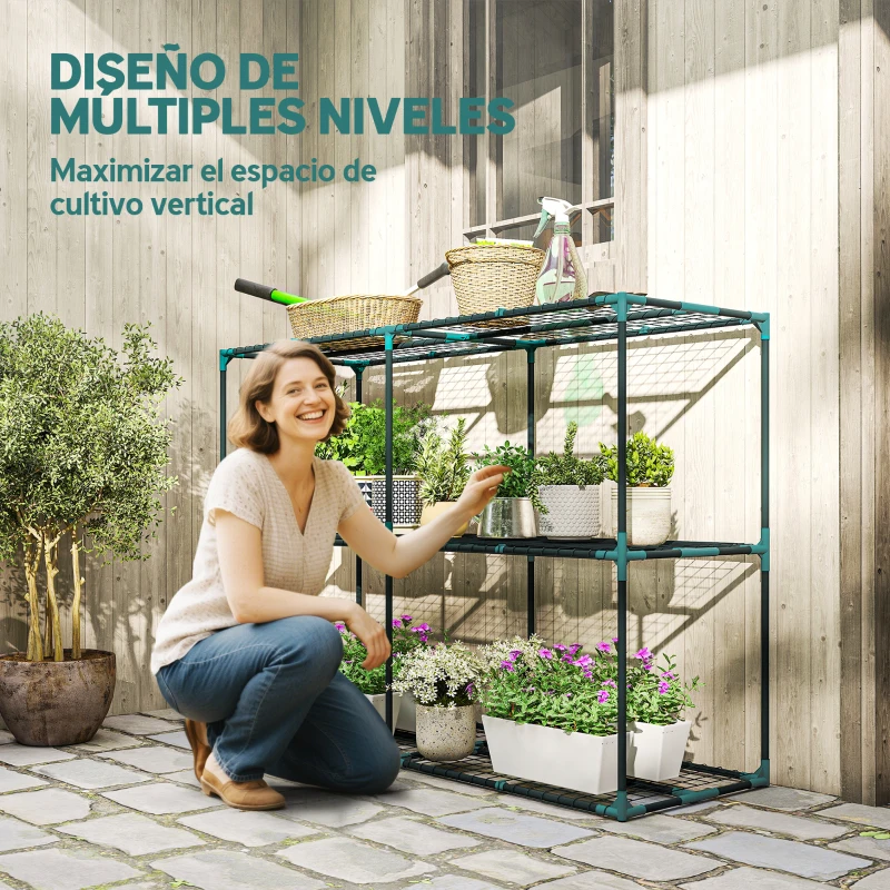 Outsunny Soporte para Plantas de 3 Niveles Estantería para Plantas de Acero para Interior y Exterior 143x48x100 cm Verde