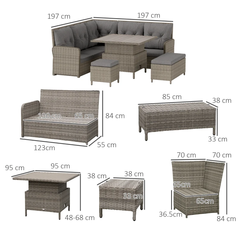 Outsunny 7 Seater Rattan Garden Furniture Set, 6 Piece Patio Dining Set with Liftable Coffee Table and Soft Padded Cushion, Wicker Sectional Conversation Corner Sofa, 123 x 55 x 84 cm, Light Grey