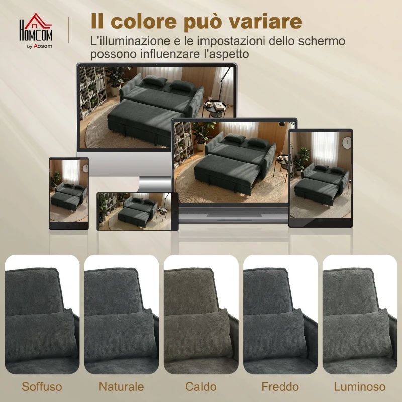 HOMCOM 3 in 1 Divano Letto 2 Posti con Schienale Regolabile in 3 Posizioni con 2 Cuscini, in Ciniglia, Grigio Scuro