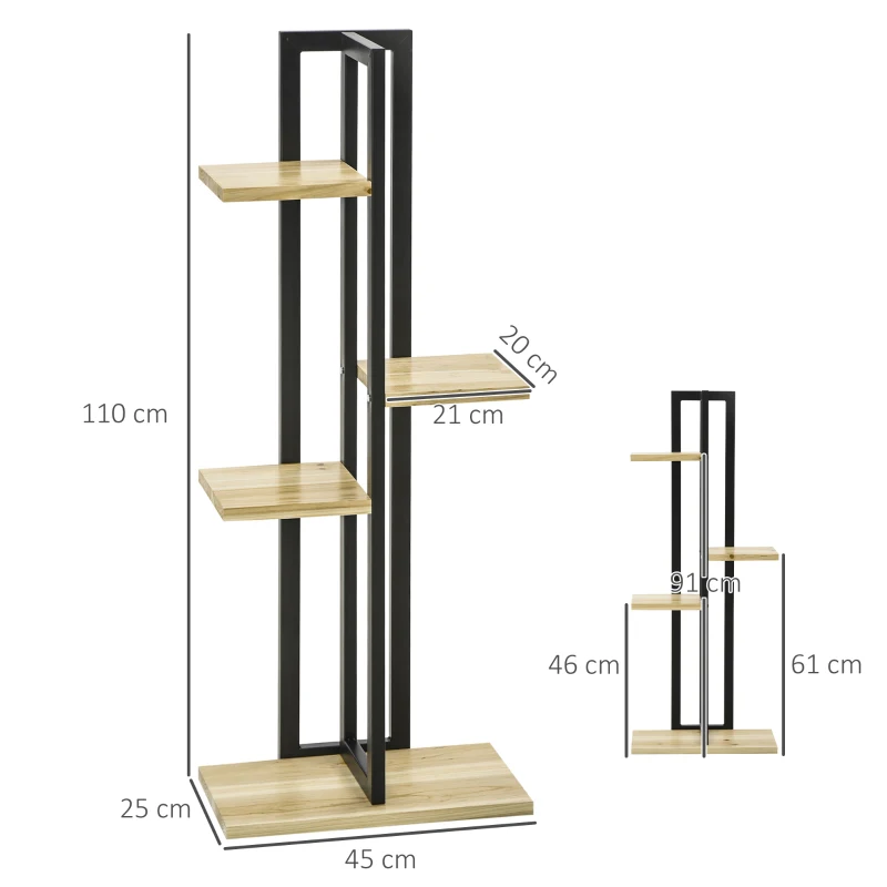 Outsunny 4-Laags Verstelbare Plantenstandaard, 110 cm Hoog Bloemenrek voor Binnen en Buiten van Hout Zwart+Natuurhout