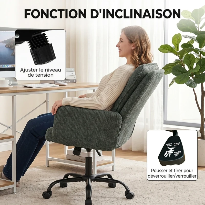 HOMCOM Chaise Bureau Ergonomique, Fauteuil de Bureau avec Hauteur Réglable, Assise Large, Fonction Bascule, Vert Foncé