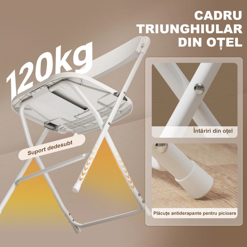 HOMCOM Set de 6 Scaune Pliabile din PP cu Orificii de Drenaj, Scaune Economice Portabile din Oțel, Scaun Pliabil pentru Interior, Casă, Birou, Bucătărie, Evenimente, 45x49x79,5 cm, Alb