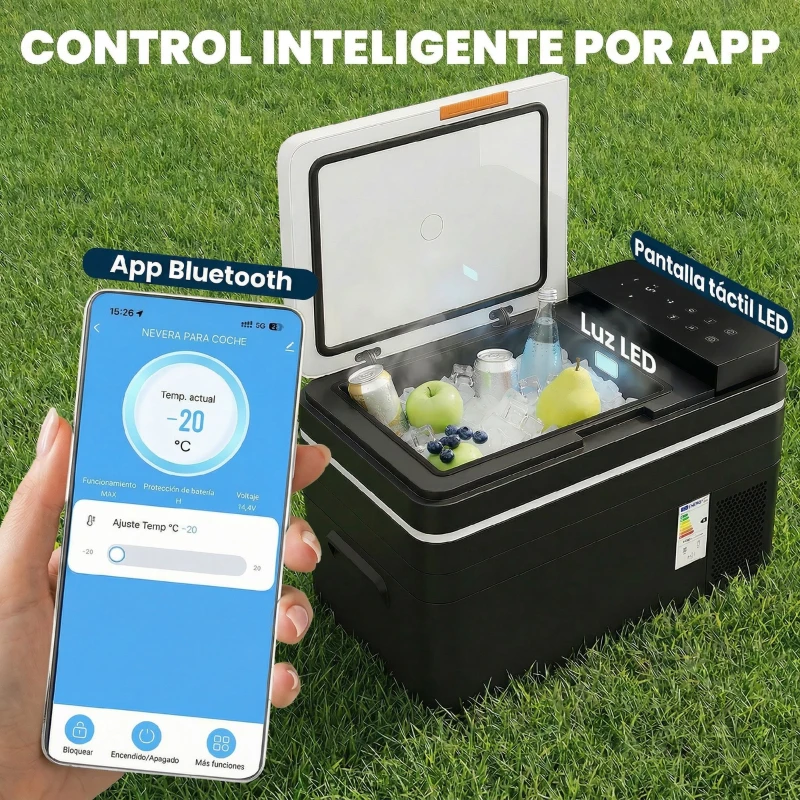 Outsunny Nevera Portátil Eléctrica 30L con Compresor Control por App Pantalla Luz LED Asa Modos ECO y MAX de -20℃ a +20 ℃ Negro