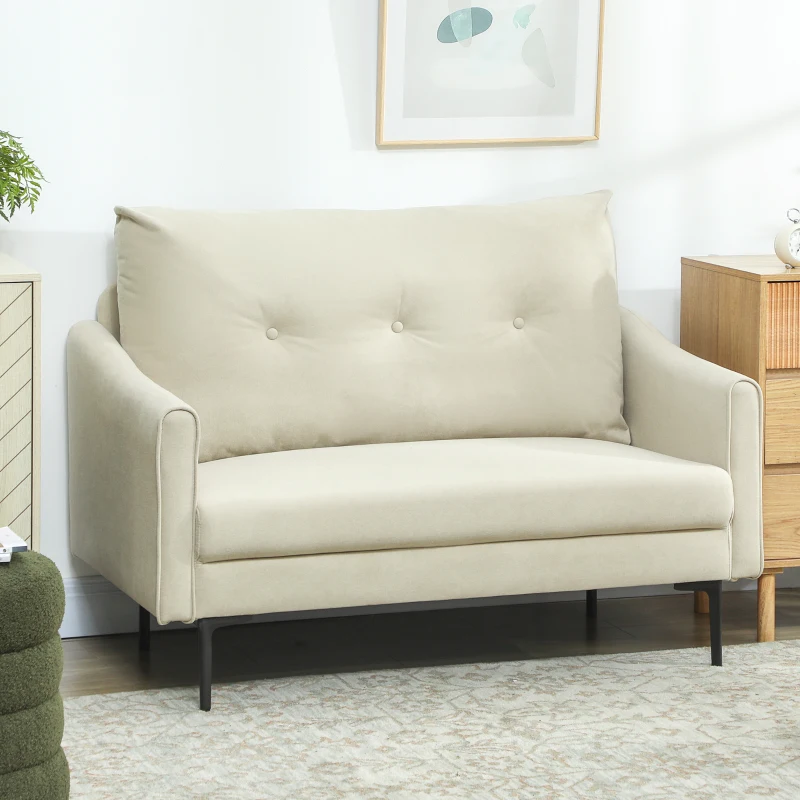 HOMCOM Canapea cu 2 Locuri Modernă cu Spătar Matlasat cu Butoane și Acoperire în Velluto, 124x73x92 cm, Crem