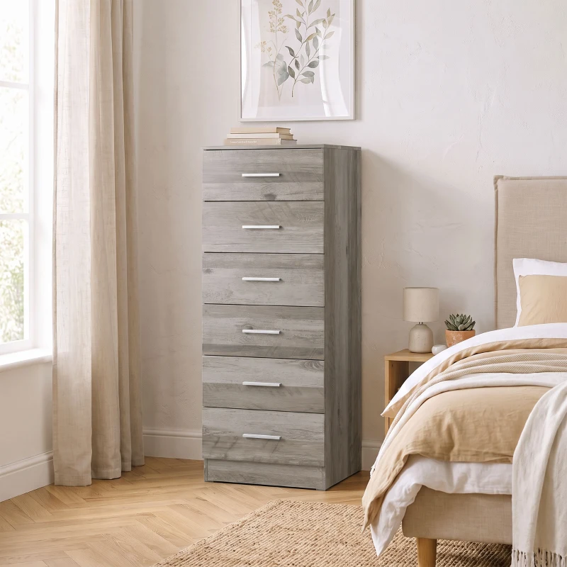 HOMCOM Comodă cu 6 sertare Comodă înaltă pentru dormitor cu sistem anti-răsturnare 40x40x110 cm Gri deschis