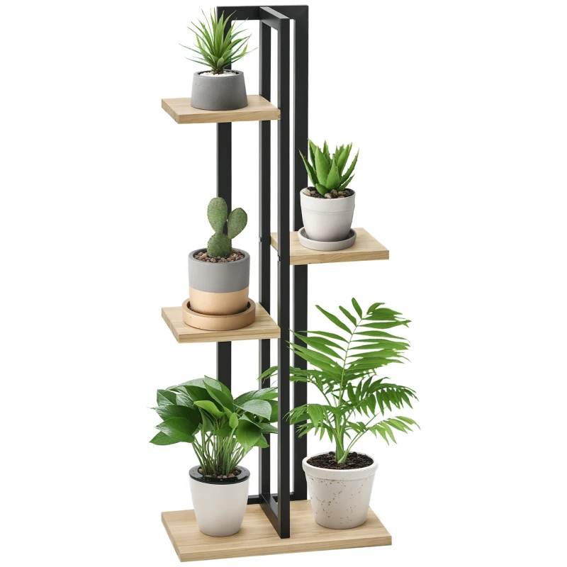 Outsunny 4-Laags Verstelbare Plantenstandaard, 110 cm Hoog Bloemenrek voor Binnen en Buiten van Hout Zwart+Natuurhout
