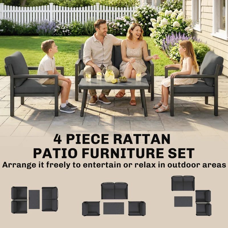 Outsunny 4 Seater Rattan Garden Furniture Set with 2 Armchairs, Loveseat, Coffee Table, Garden Sofa Set with Cushions, Dark Grey