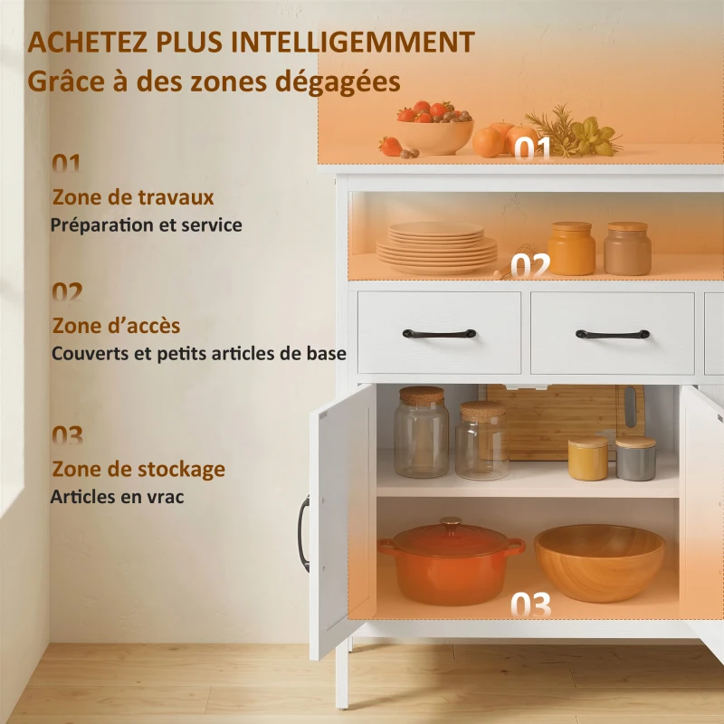 HOMCOM Buffet cuisine, meuble de rangement, 3 portes, 3 tiroirs, compartiment ouvert et étagères réglables, 95x35x88cm, blanc
