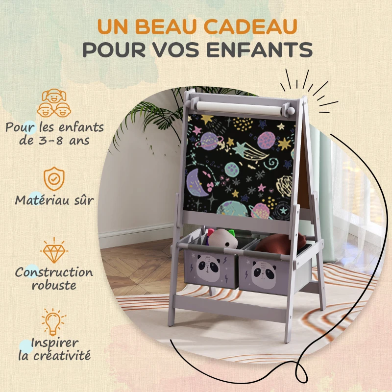 AIYAPLAY Tableau chevalet enfant ardoise double face tableau à craie rouleau papier 2 paniers 54 x 46,5 x 93 cm gris