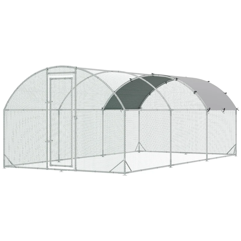 PawHut Gallinero de Exterior Grande para 12-18 Gallinas de Acero Galvanizado y Techo de Tela Oxford 5,7x2,8x1,97 m Plata