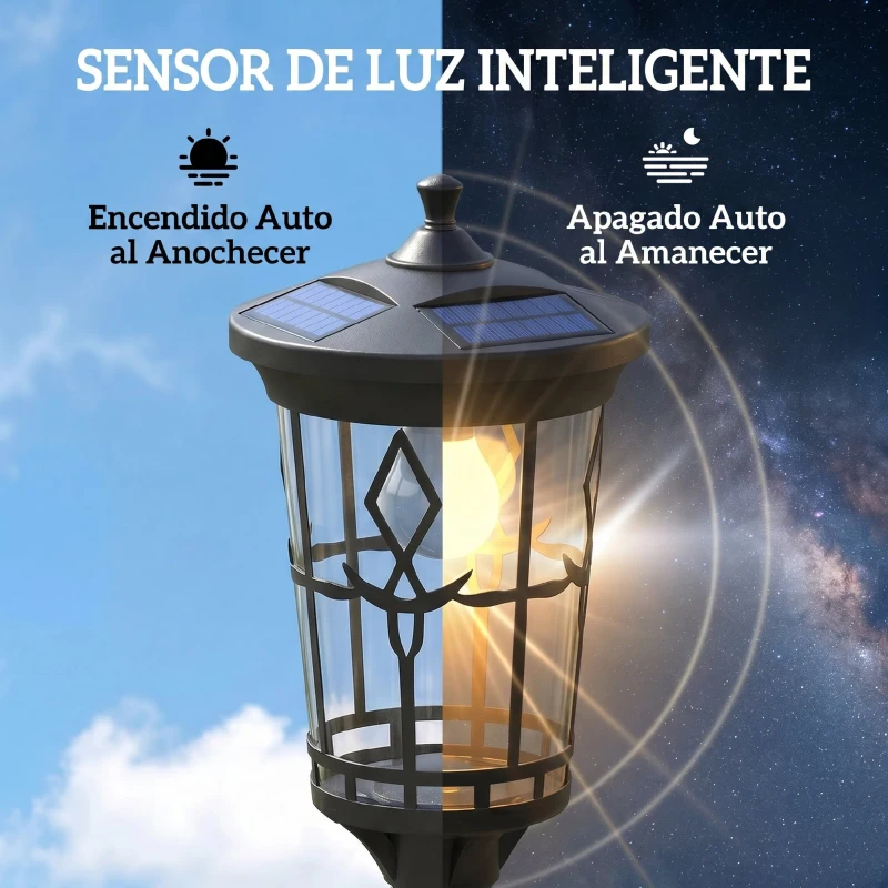 Outsunny Farola Solar Exterior de Jardín con Macetero 2 Modos de Brillo 100/50 lm IP44 Encendido/Apagado Automático Negro