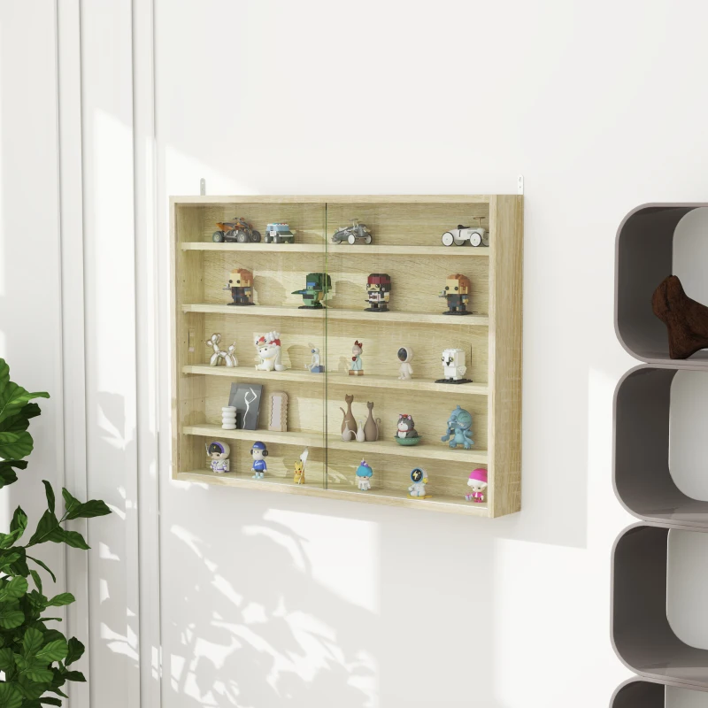 HOMCOM Bacheca Portaoggetti a 5 Ripiani Regolabili in Legno con Ante in Vetro, 80x9.5x60 cm, Color Legno