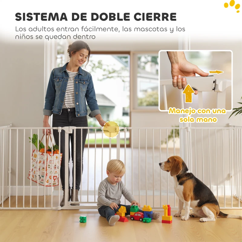 PawHut Barrera para Perros Plegable Valla para Mascotas de 6 Paneles Puerta con Cierre Doble para Escalera Pasillo Blanco
