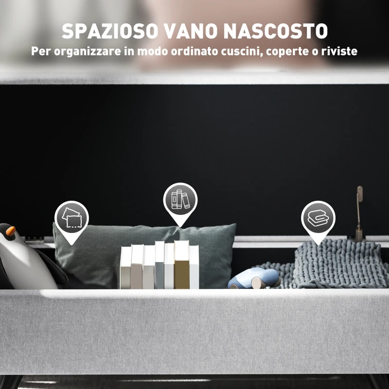 HOMCOM Panca Contenitore Fondo Letto con Braccioli in Tessuto, Gambe in Legno e Vano da 53.8L, 132x42x50 cm, Grigio
