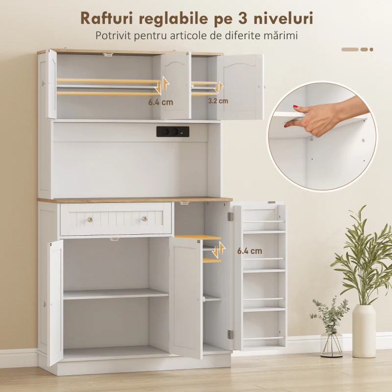 HOMCOM Dulap de bucătărie înalt, 173 cm, cu stație de încărcare, spațiu pentru cuptorul cu microunde, rafturi reglabile, 4 suporturi pentru condimente, alb