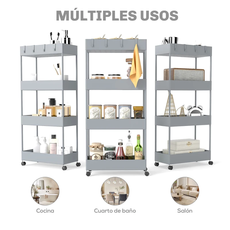 HOMCOM Carro de Cocina de 4 Niveles Carrito Auxiliar con Ruedas 4 Cestas y 4 Ganchos Extraíbles para Salón 40x19x90 cm Gris