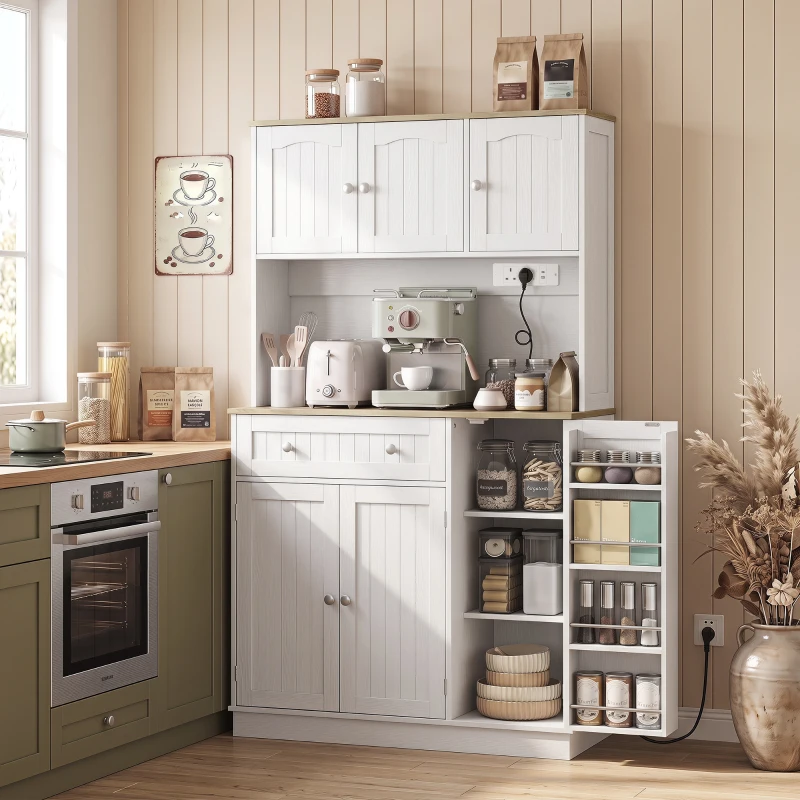 HOMCOM 173 cm Tall Kitchen Cupboard with Charging Station, Pantry Storage Cabinet with Adjustable Shelves and 4 Door Racks