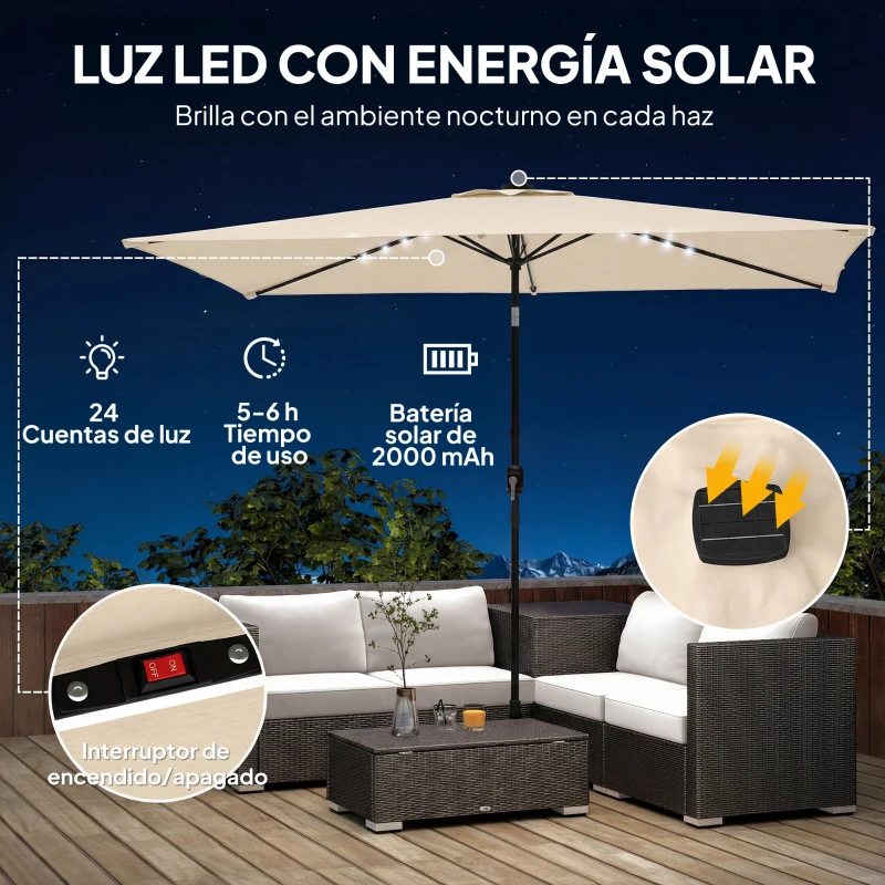 Outsunny Sombrilla de Jardín con 24 Luces LED Solares Dosel Inclinable Poste Metálico 2,9x2,5 m Crema