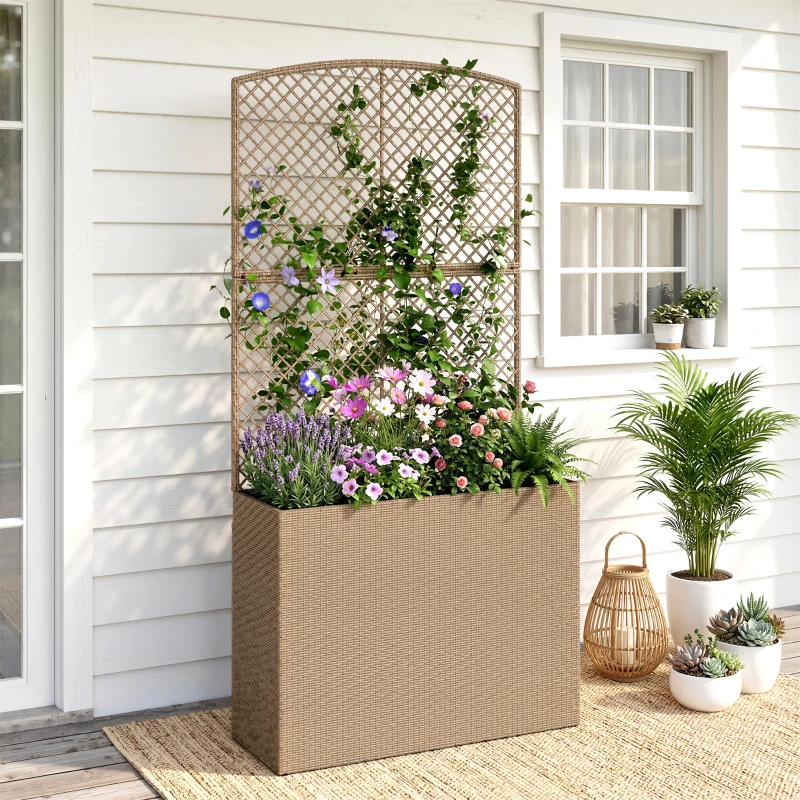 Outsunny Rattan Planter with Trellis, Raised Beds for Garden with Liner for Climbing Plants Vegetables Flowers, Light Grey