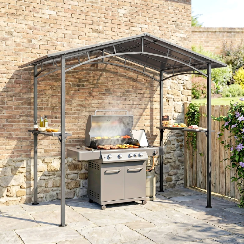 Outsunny 246 x 149cm Outdoor BBQ Protective Gazebo Tent Aluminium Steel Frame w/ 2 Shelves Hardtop Roof Canopy Ground Stakes Safe Cooking