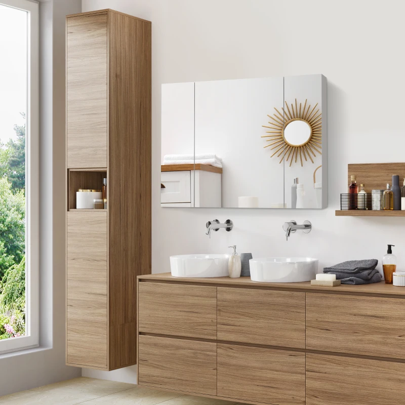 kleankin Armario de Baño con Espejo Luces LED Estantes Ajustables y USB Estilo Moderno 90x15x75 cm Blanco