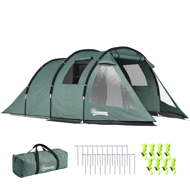 Outsunny kampeertent voor 3-4 personen, twee binnenruimtes, gaasraam, groen, 4,75 x 2,64 x 1,72 m