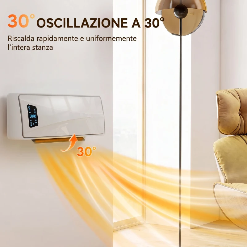 HOMCOM Stufa Ceramica 2000W a Parete con 3 Modalità, Temperatura Regolabile, Timer, Telecomando, Bianco