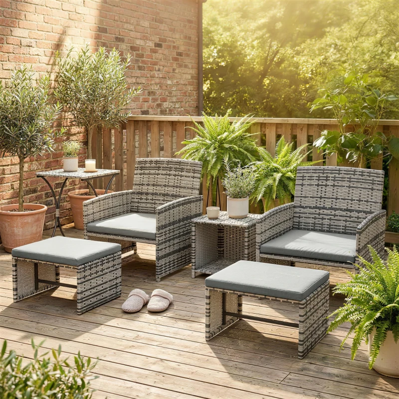 Outsunny 6 Piece Rattan Garden Furniture, Space-Saving Patio Furniture Set with Nesting Tables, Chairs, Stools, Cushions, Grey