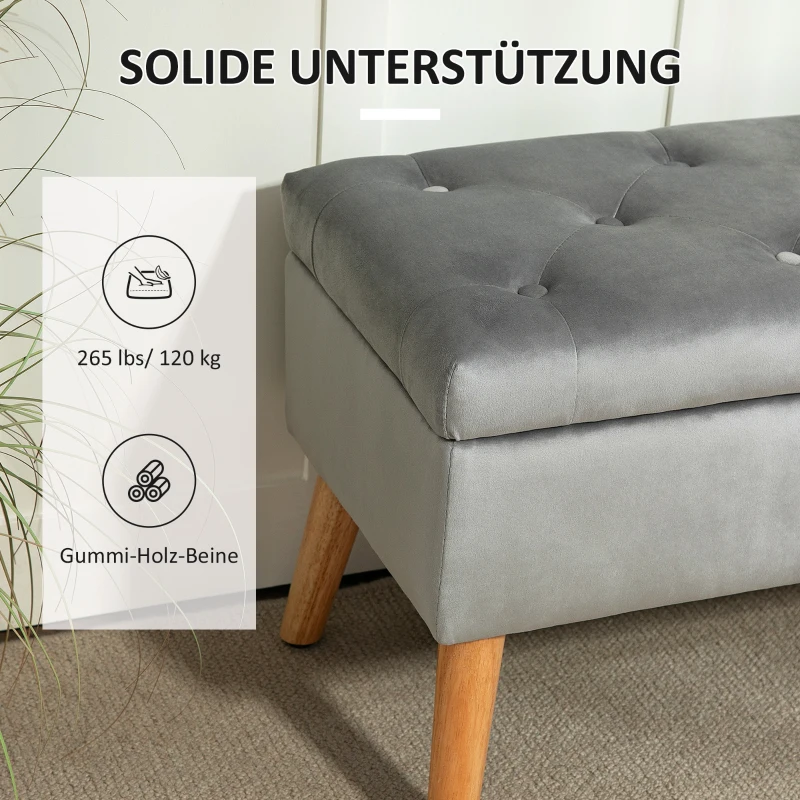 HOMCOM Gestoffeerde Bank met Opbergruimte, Stoffen Bekleding in Fluweel Optiek, Houten Poten, voor Woonkamer, Slaapkamer, Hal, 80 x 35 x 42 cm, Grijs(m-6)