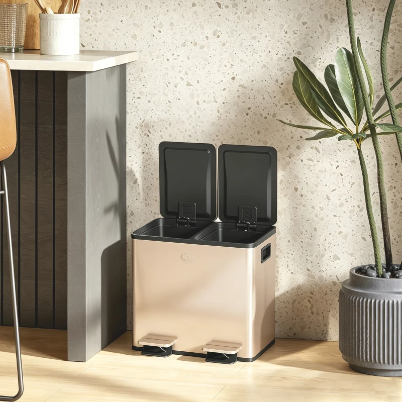 HOMCOM 30L Dual Compartment Stainless Steel Bin, with Deodoriser Holders - Gold Tone
