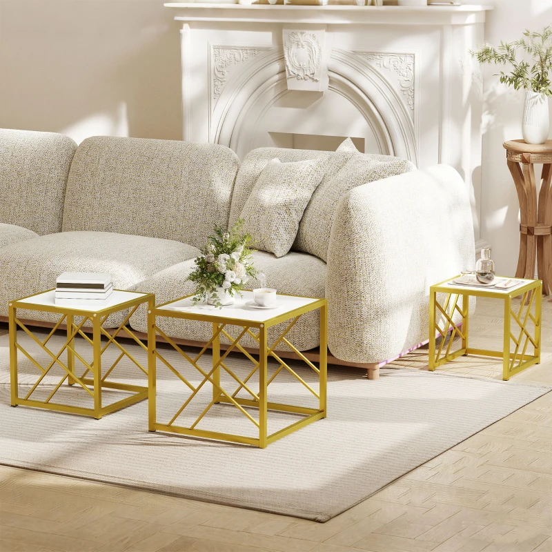 HOMCOM Nesting Coffee Tables, Set of 3 Square Side Tables with Gold Metal Frame, for Living Room, Bedroom and Office, White