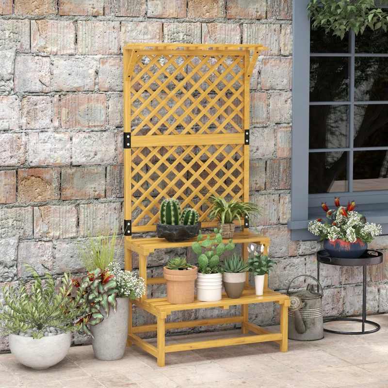 Outsunny Pflanzenständer, Blumenregal, 2 Etagen, mit Spalier & Dach, Tannenholz, 75x50x166cm, Gelb