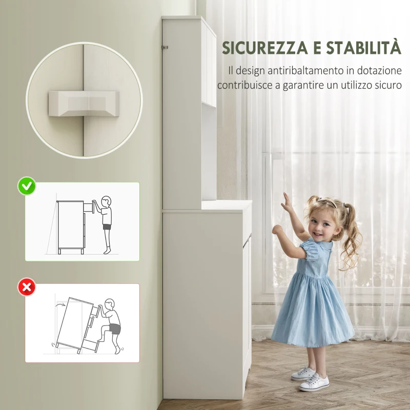 HOMCOM Credenza da Cucina Moderna con 4 Armadietti, 2 Cassetti e Ripiani Regolabili, 100x38x180 cm, Bianco Effetto Legno