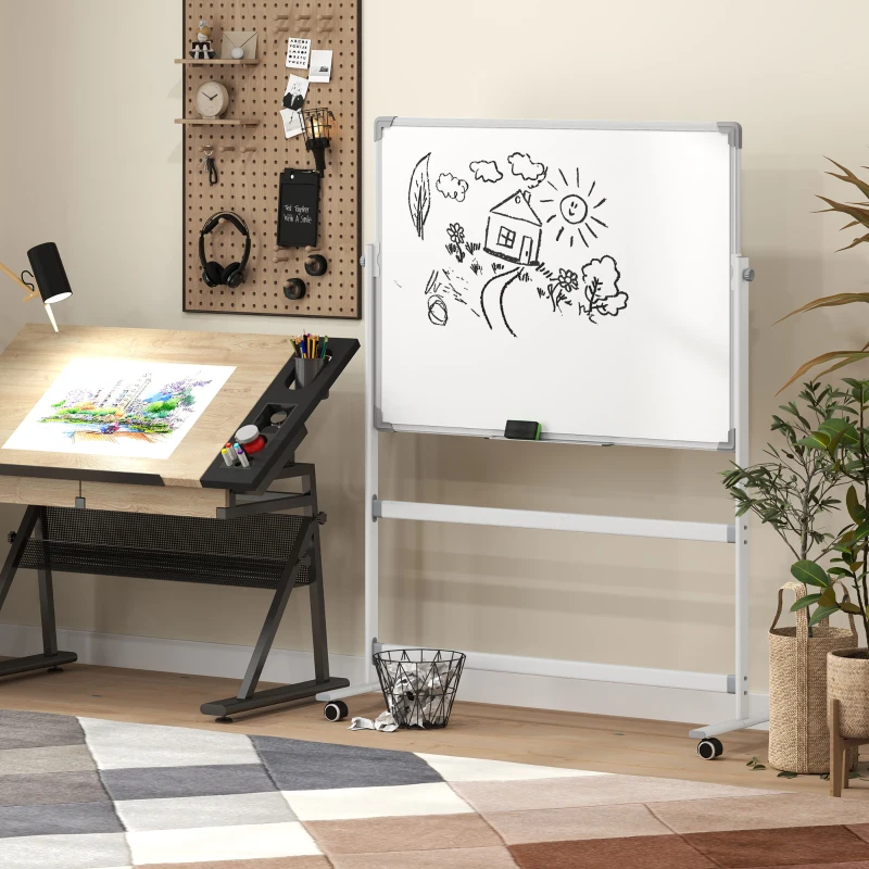 HOMCOM Dubbelzijdig Magnetisch Whiteboard met Standaard 120 x 90 cm – Droog uitwisbare Magnetische Bord met Pennenbakje en Aluminium Frame, Draaibaar en Verrijdbaar voor Kantoor en Thuis