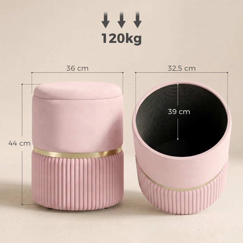 HOMCOM Pouf tabouret repose-pied coffre de rangement en velours côtelé 36 x 36 x 44 cm pour salon chambre rose
