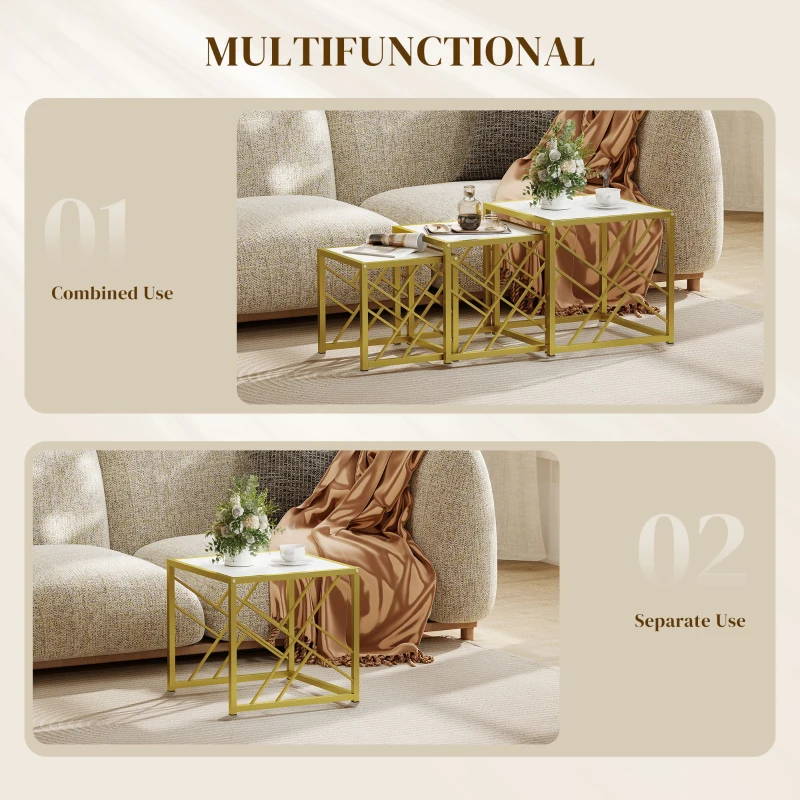 HOMCOM Nesting Coffee Tables, Set of 3 Square Side Tables with Gold Metal Frame, for Living Room, Bedroom and Office, White
