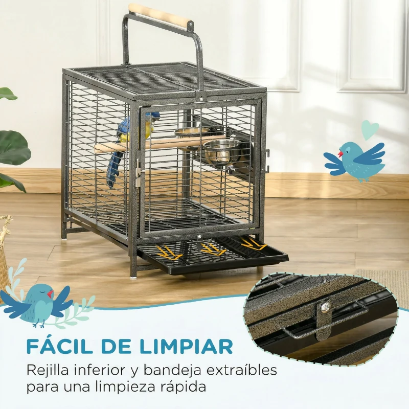 PawHut Jaula para Pájaros Portátil con 2 Perchas de Madera 2 Comederos y Bandeja Extraíble 48x38x47,8 cm Negro