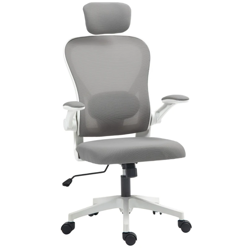 HOMCOM Chaise de Bureau Ergonomique, Fauteuil de Bureau en Maille avec Appui-Tête et Soutien Lombaire Réglables, Gris