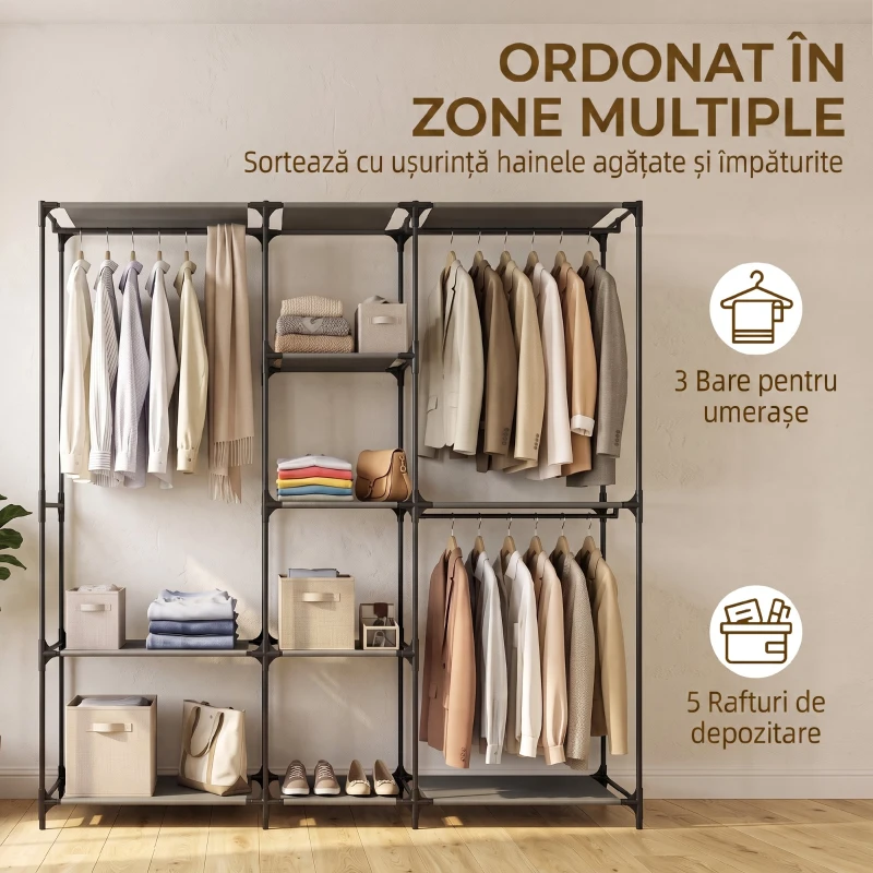 HOMCOM Dulap Textil Compact cu 3 Bare pentru Umerașe, 5 Rafturi și Structură din Oțel, 182 x 43 x 182 Cm, Negru