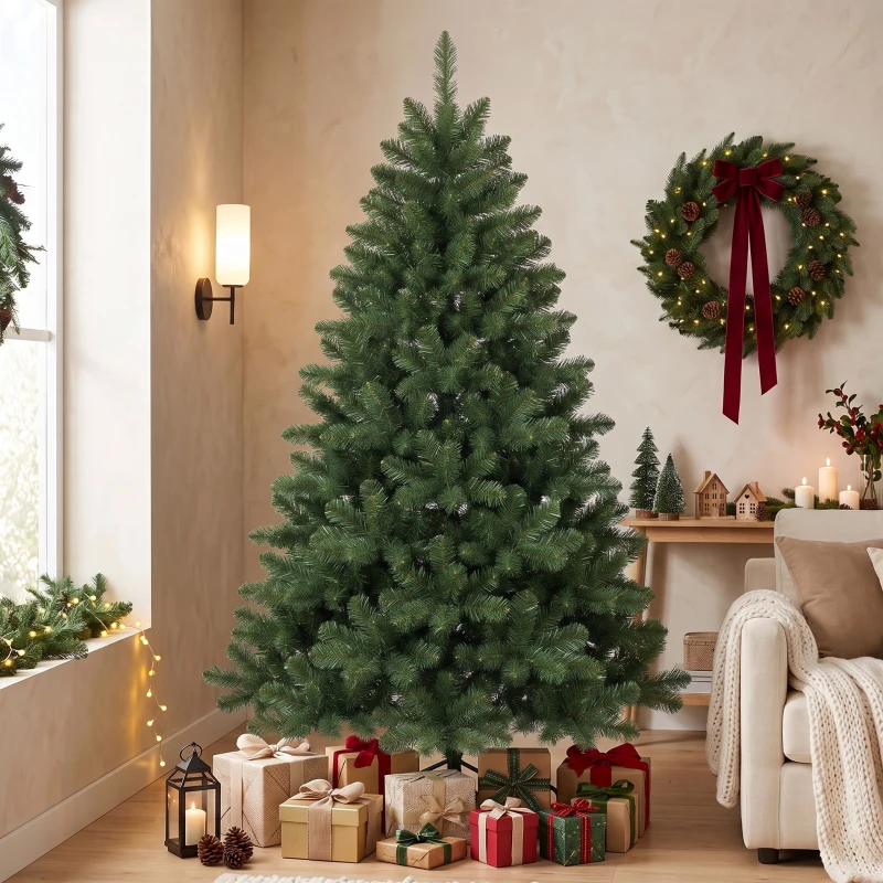 HOMCOM Árvore de Natal Artificial 180cm Densa Realista, 732 Ramos em PE Ignífugos, Base Dobrável em Madeira, Verde