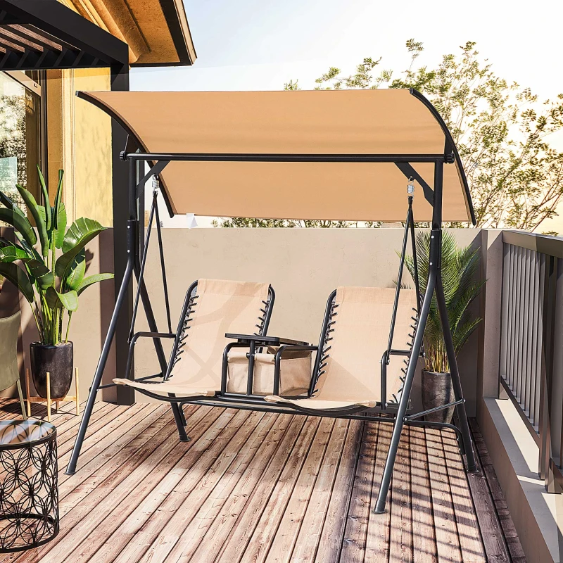 Outsunny Balancelle de Jardin 2 Places Table d'appoint pivotante + Rangement intégré Inclinaison Toit réglable Acier Noir Polyester Beige