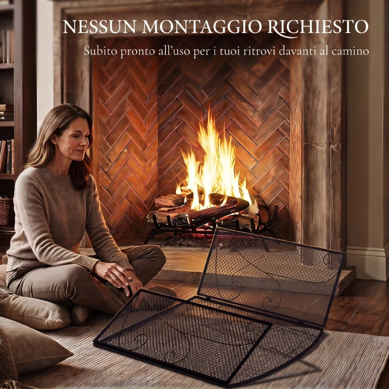 HOMCOM Parascintille per Camino Pieghevole a 3 Pannelli in Metallo Verniciato, 133x1x77 cm, Nero
